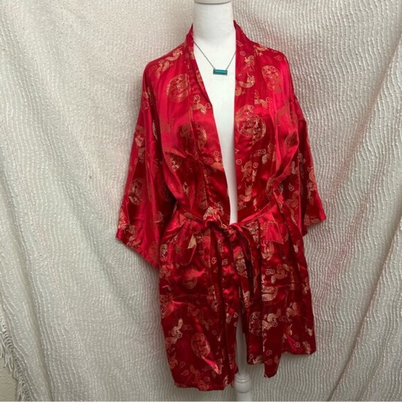 Vintage Japanese Kimono Robe Adult Large Red Gold from Japan Whitby F2 - Picture 3 of 12